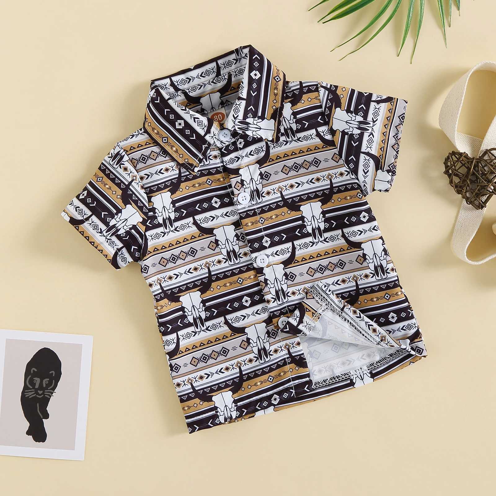 FOCUSNORM 0-3Y Preschool Boys Summer T-shirt Western Geometry/Cow Print Short Sleeve Button ShirtW240729