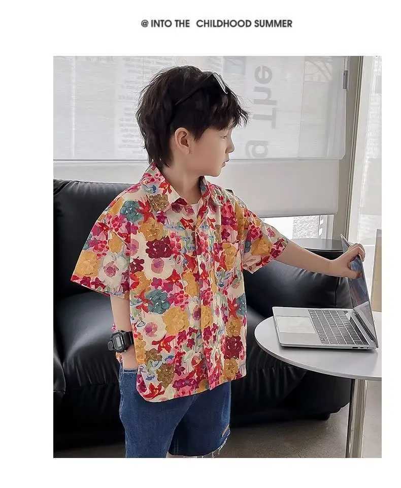 2024 Summer Boys and Girls 3D Printed Button Open Shirt Short Sleeve Casual Loose Portable T-shirtW240729