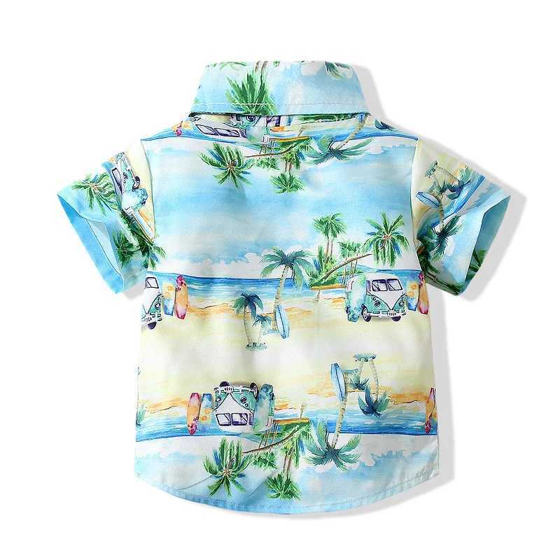 Summer Baby Shirt Beach Pattern Printed Short Sleeve Casual Button Childrens Shirt Holiday Seaside Childrens Shirt TopW240729