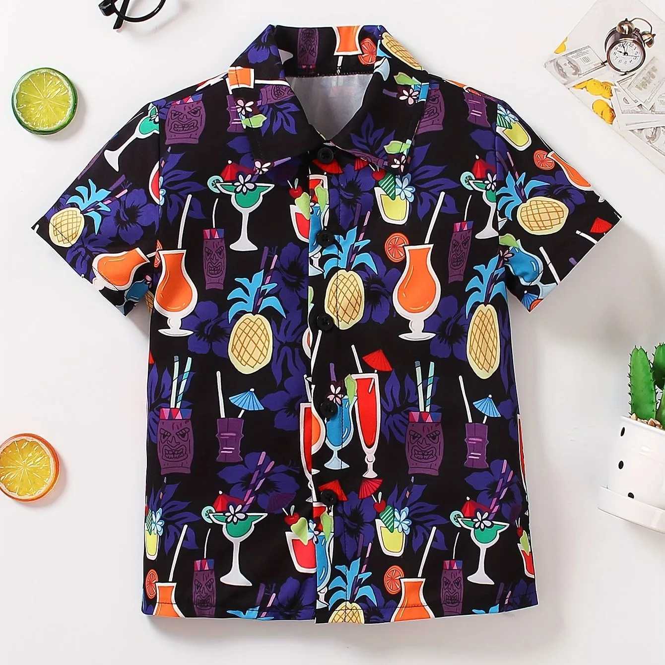 Boys casual short sleeved shirtprinted summer fashion themed colorful pattern lightweight and breathable fabricW240729