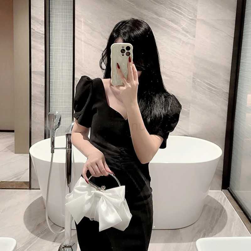 White Satin Bow Fairy Evening Bags Clutch Metal Handle Handbags for Women Wedding Party Bridal Clutches Purse Chain Shoulder BagXJ240729