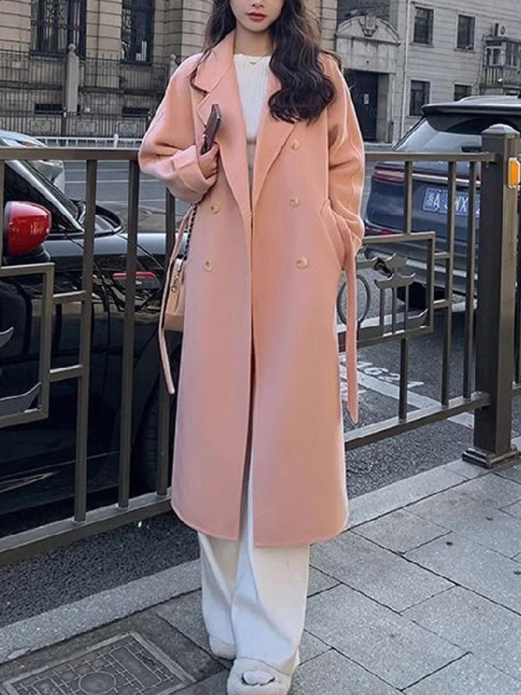 Women Jacket Lace up Simple Spring Korean Faux Woolen Full Sleeve Double Breasted Midi Coat Female Causal Loose Outwears 240729