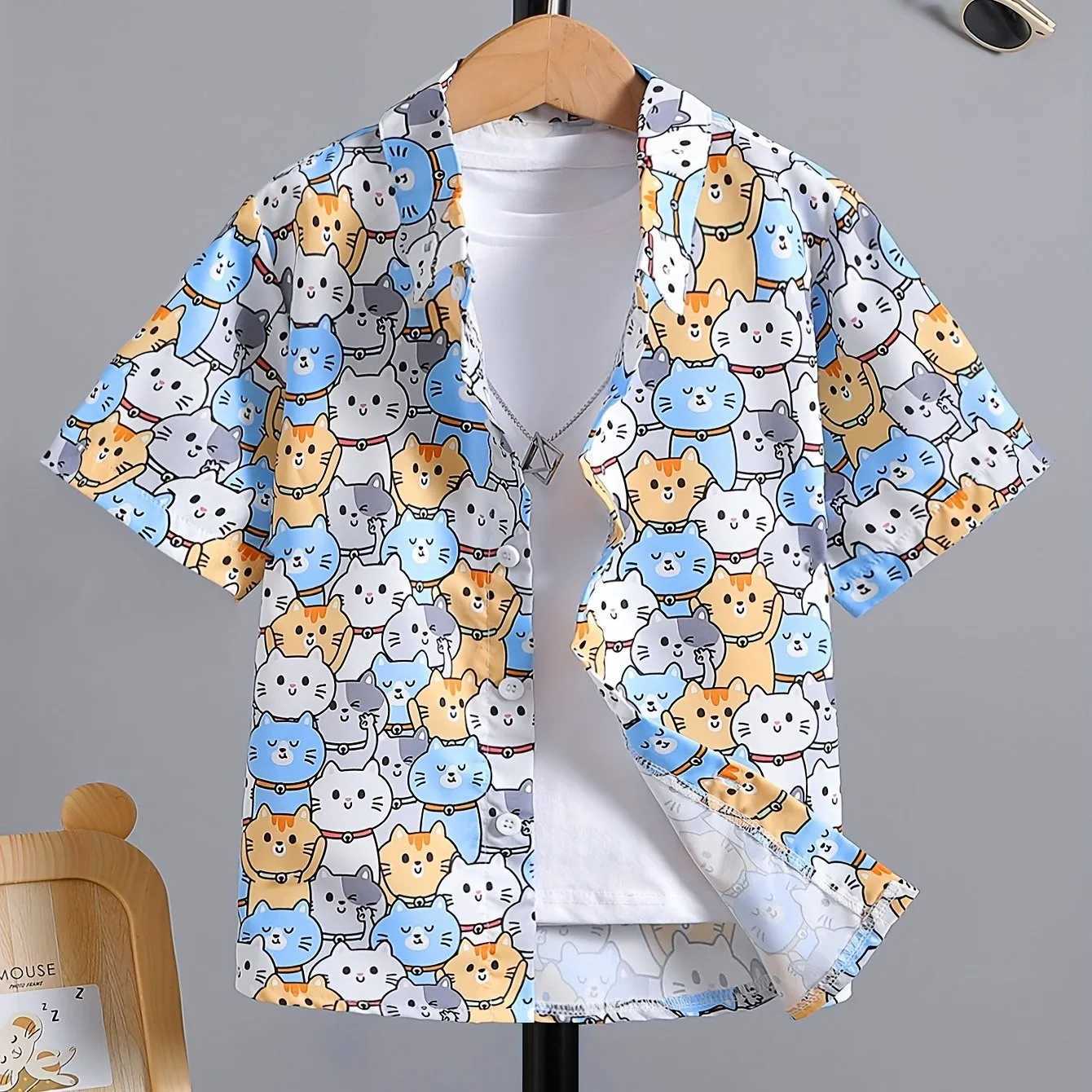 Boy and girl cartoon creative printing pattern cute short sleeved casual comfortable button loose summer holiday shirtW240729