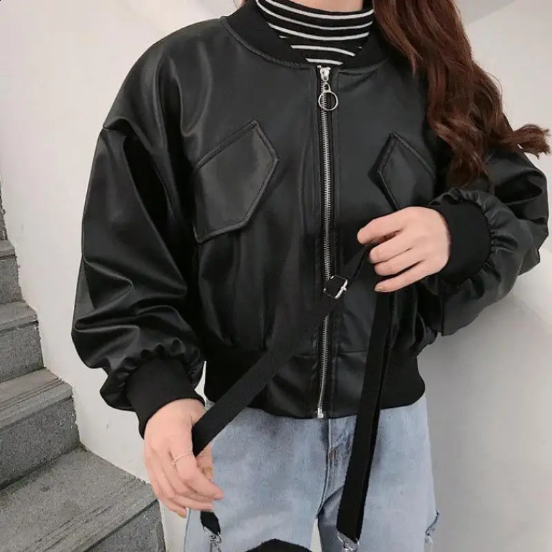 High Waist Short Length Bomber Jackets Women Zippers Leather Outerwear Korean Preppy Style Y2k Casual Coats Moto Biker Black 240723
