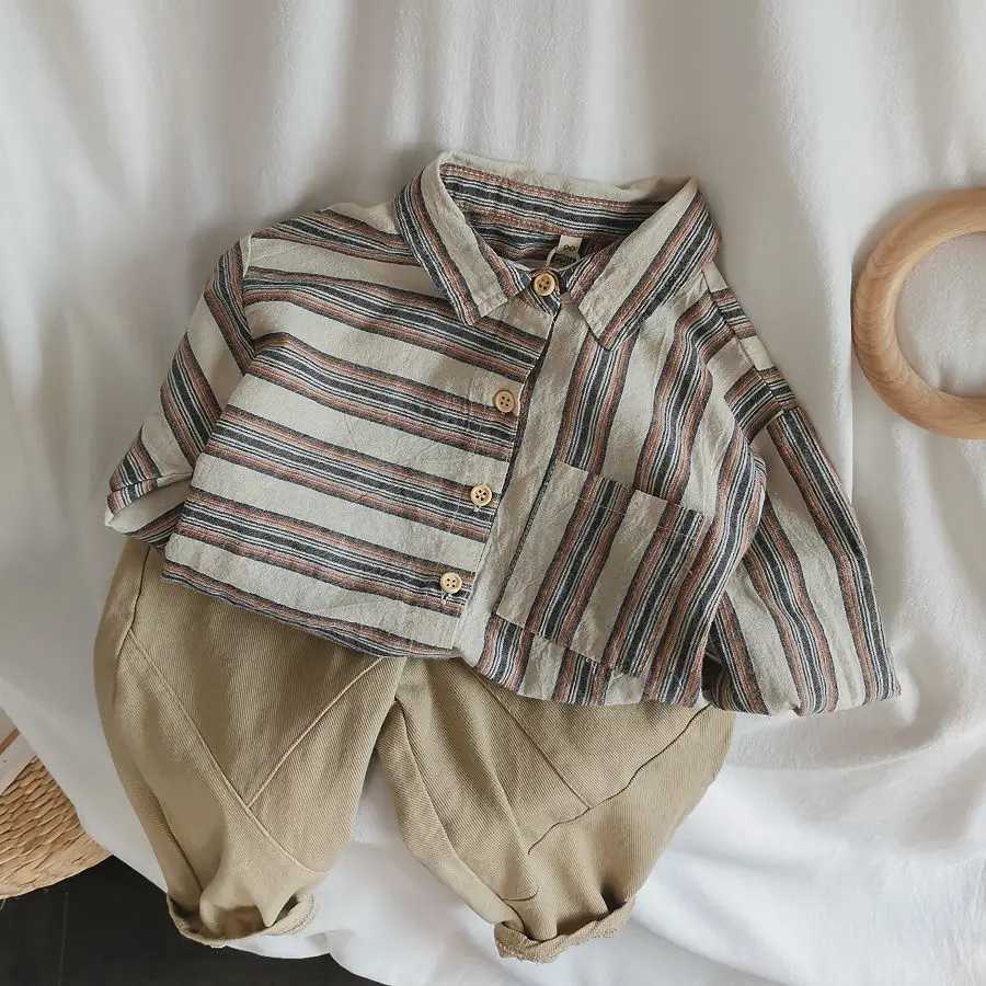 Childrens striped shirt 2023 spring new childrens cotton and linen shirt baby girl boy shirt Korean style long sleeved topW240729