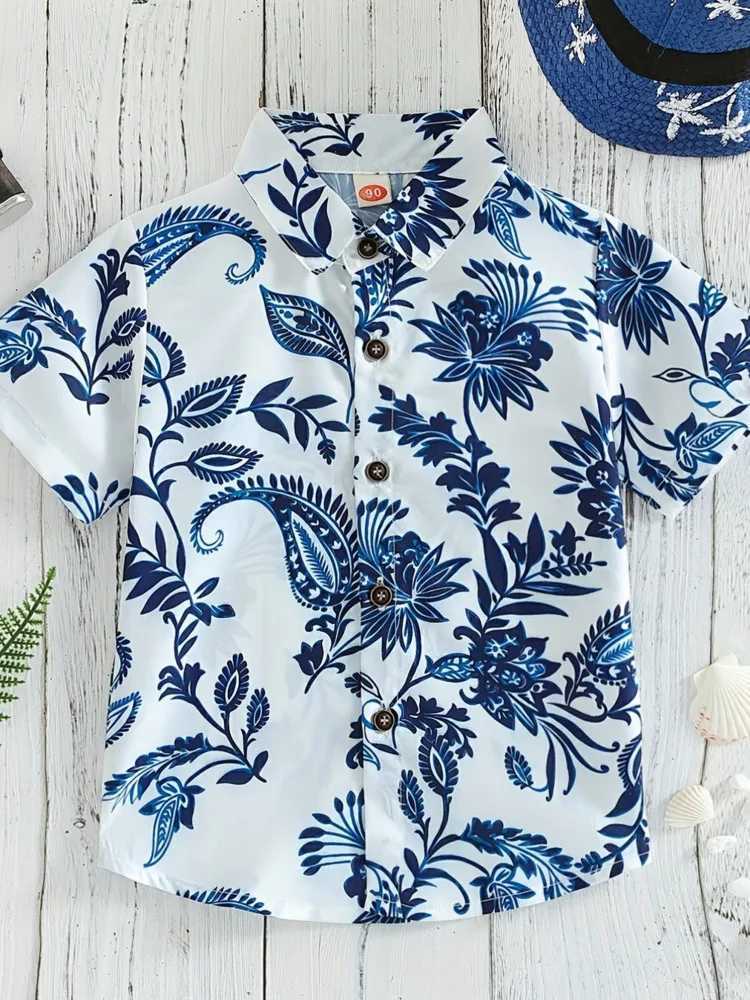 Childrens Summer Top Fashionable Flower and Leaf Leisure Breathable Childrens Summer Vacation ShirtW240729