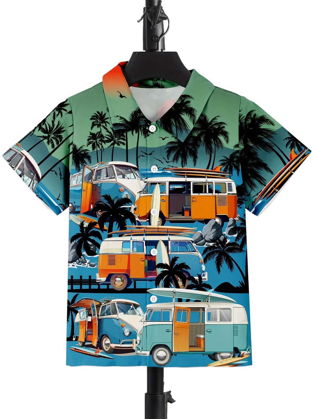 Beach Camping Bus Printed Boys Novel Casual Short Sleeve Collar Shirt Childrens Top Comfortable Casual ClothingW240729