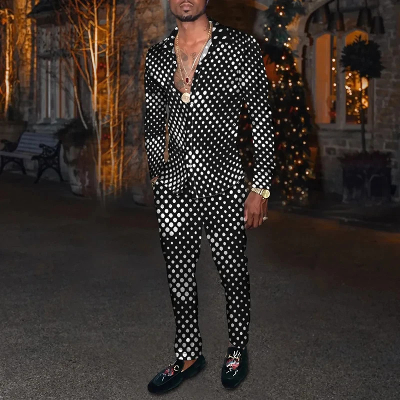 Fashion Summer Men Casual Sportswear 3D Print Striped Patches Mens Lapel Long Sleeve Shirt Long Pants Two Piece Sets Clothing 240813