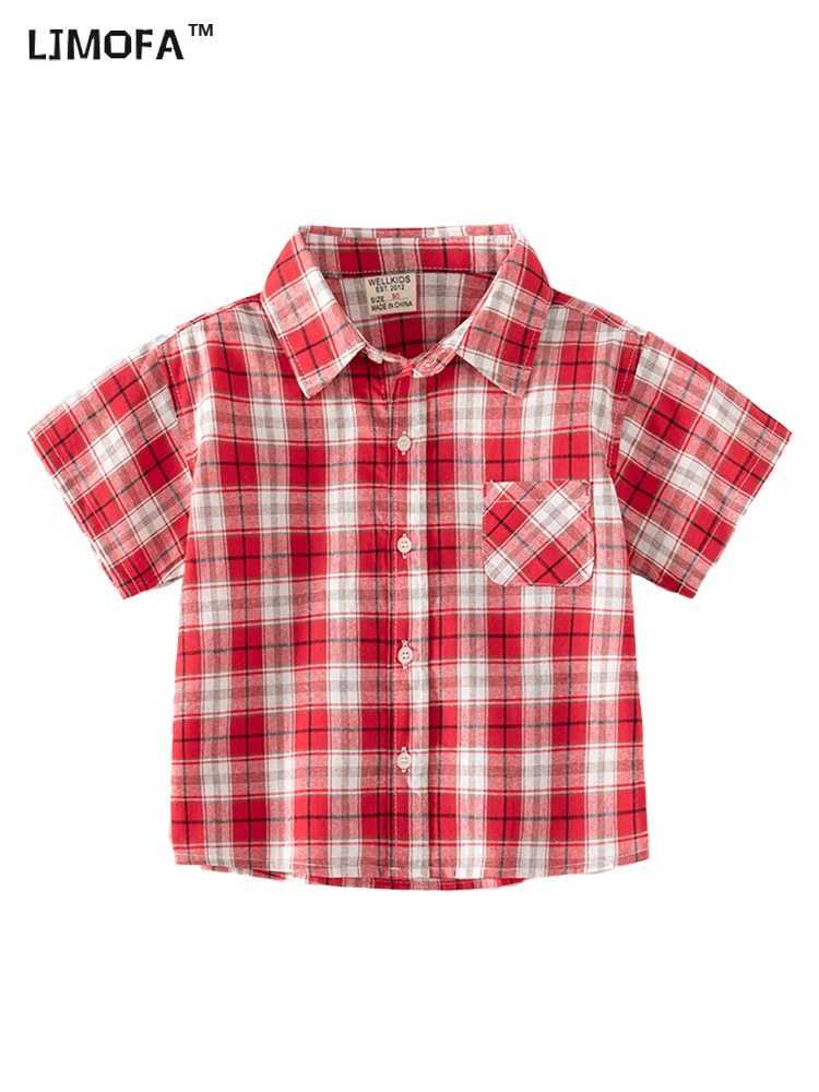 LJMOFA childrens classic plain weave shirt childrens short sleeved lapel striped casual polo shirt summer cotton youth top D454W240729