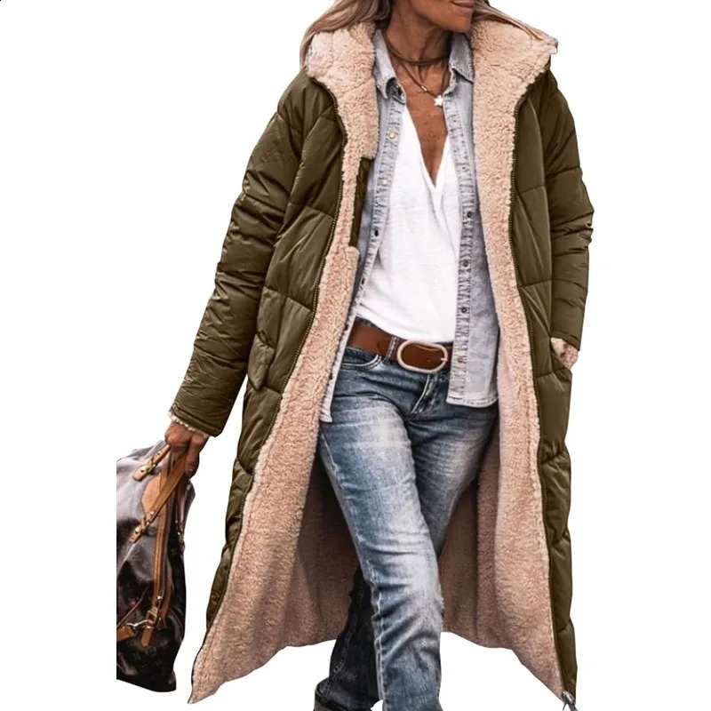 Womens Warm Winter Coats Reversible Sherpa Fleece Long Hooded Puffer Jackets Outerwear 240729