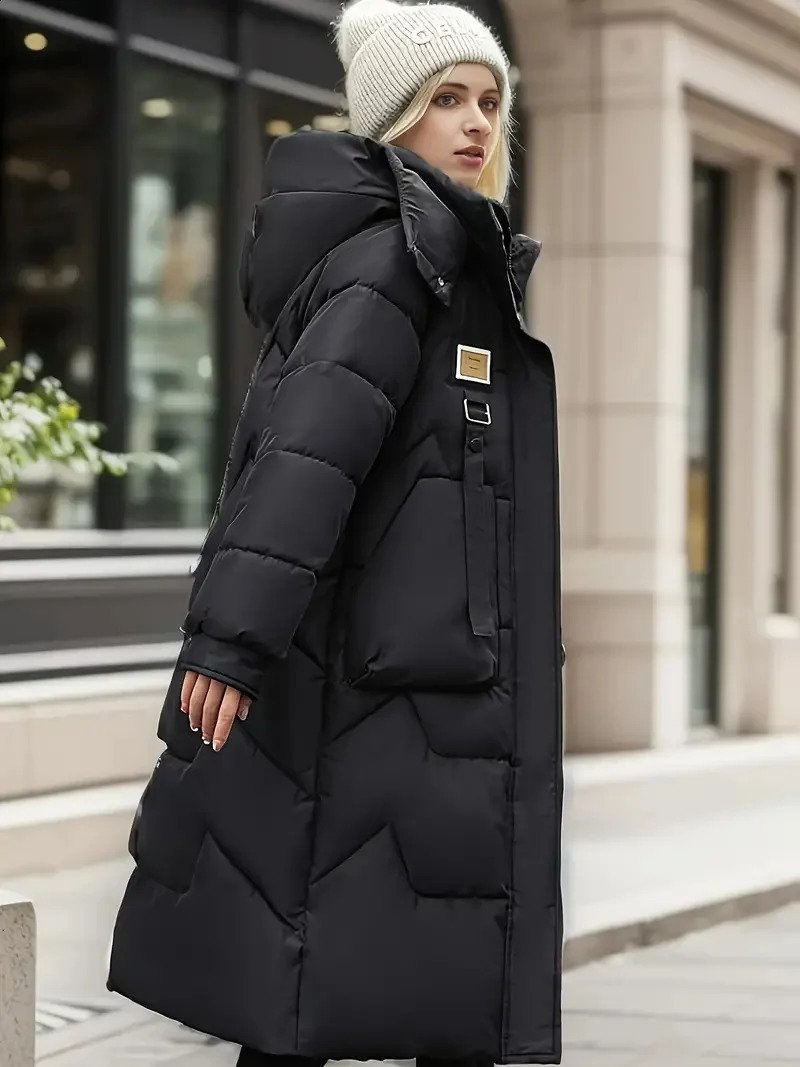 2024 Winter Parka Woman Long Jacket Hooded Detachable Thicken Loose Fur Collar Zipper Pockets Warm Snow Wear Padded Coat 240729
