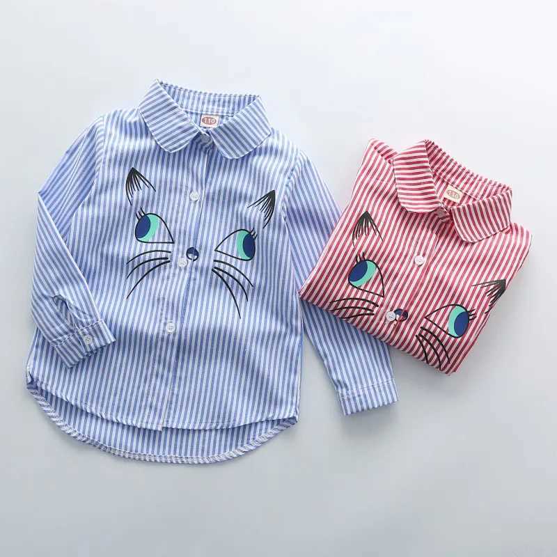Fashion 2-7T childrens collar embroidered cartoon cat pattern long sleeved shirt topW240729
