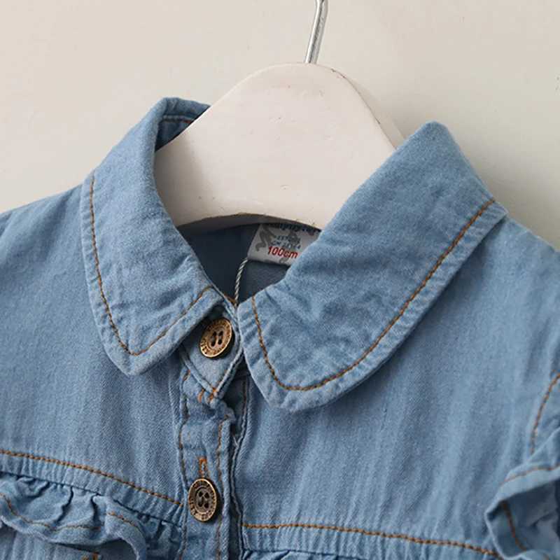 Girls autumn denim shirt casual ruffled shirt childrens tie and knot shirt childrens baby girl long sleeved shirt childrens clothing springW240729