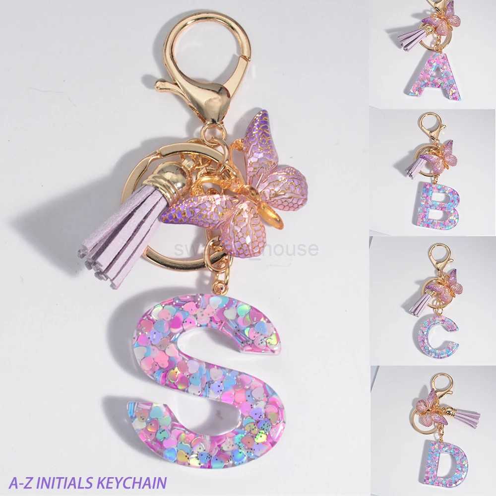 A-Z Dreamy Sequin Letters Keychain for Women Tassel Butterfly Pendant Initial Keyring Purse Suspension Bags Charms Car Key ChainL240729