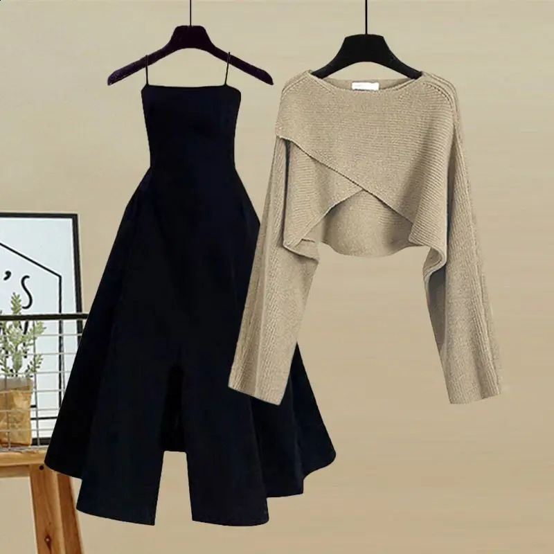 Spring and Autumn Set Womens Korean Fashion Cross Knitted Sweater Age Reducing Sling Dress Two Piece 240729