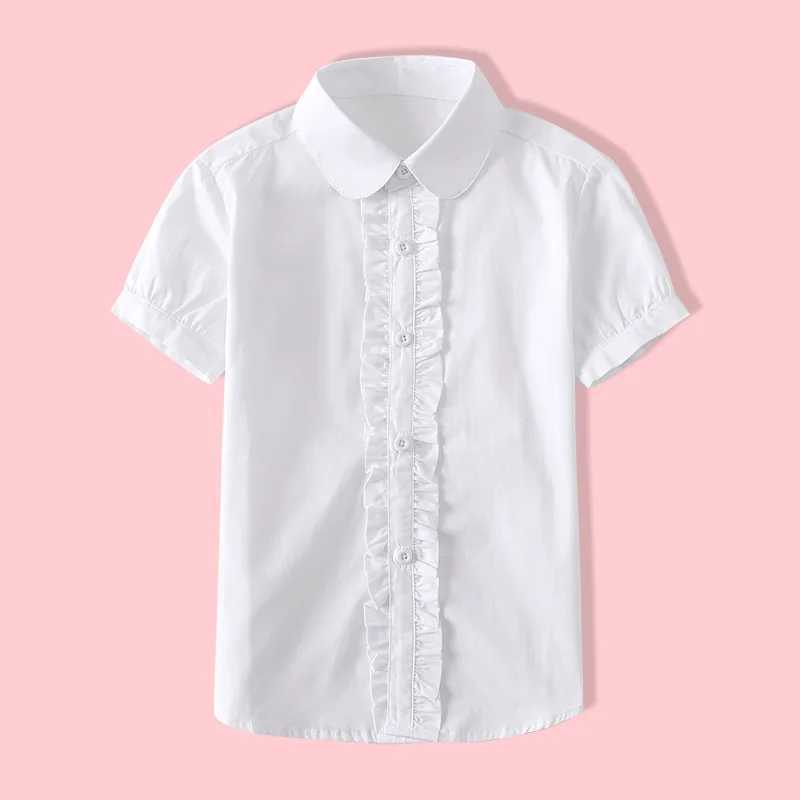 Summer Shirts for Teenage Girls Cotton Short Sleeve White Blouses Pupil School Uniform Girls Puff Sleeve Blue Tops 4 8 12 16W240729