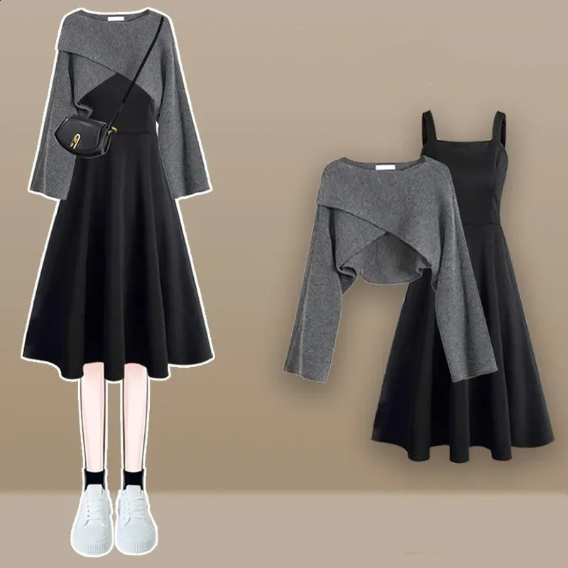 Autumn and Winter Womens Set High end Versatile Knitted Sweater Slim Strap Dress Two Piece 240729