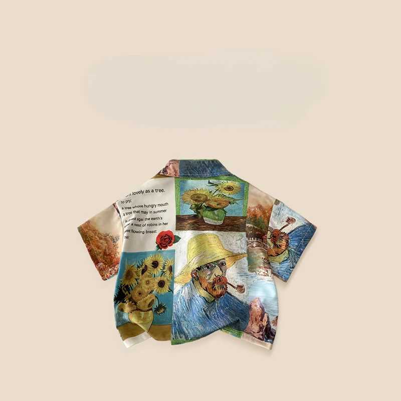 Childrens summer vintage oil painting shirt boys floral shirt childrens casual top childrens clothingW240729