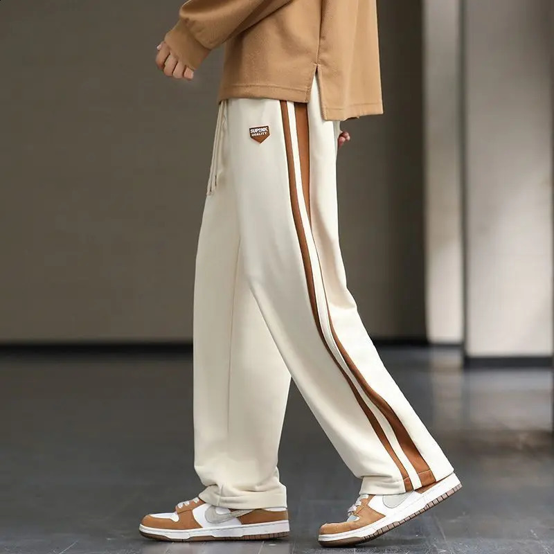Spring Autumn Elastic Waist Fashion Straight Pants Man High Street Contrast Color Casual Pockets Drawstring All-match Trousers 240822