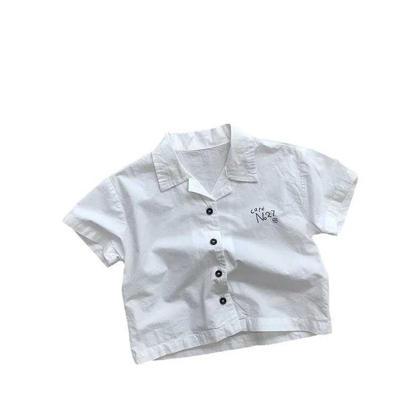 2024 Summer New Childrens Short sleeved Collar Shirt Cotton Boys and Girls Thin Casual Top Letter Printing Childrens Loose ClothesW240729