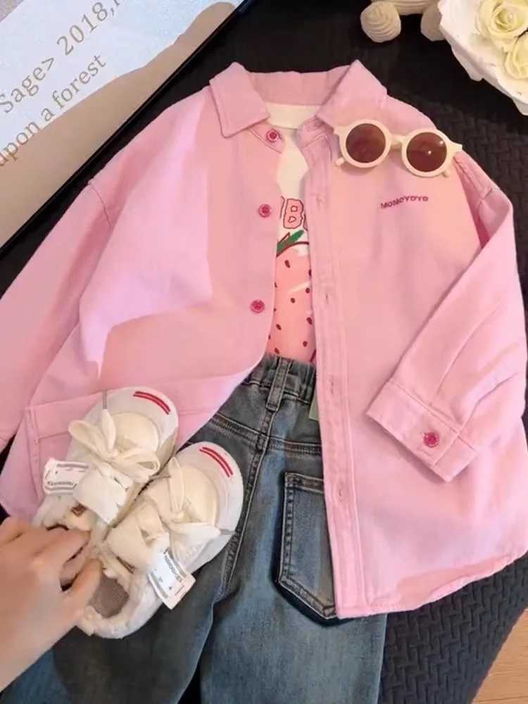 High end girls denim jacket spring and autumn 2024 new childrens clothing trendy casual shirts for little girls childrenW240729
