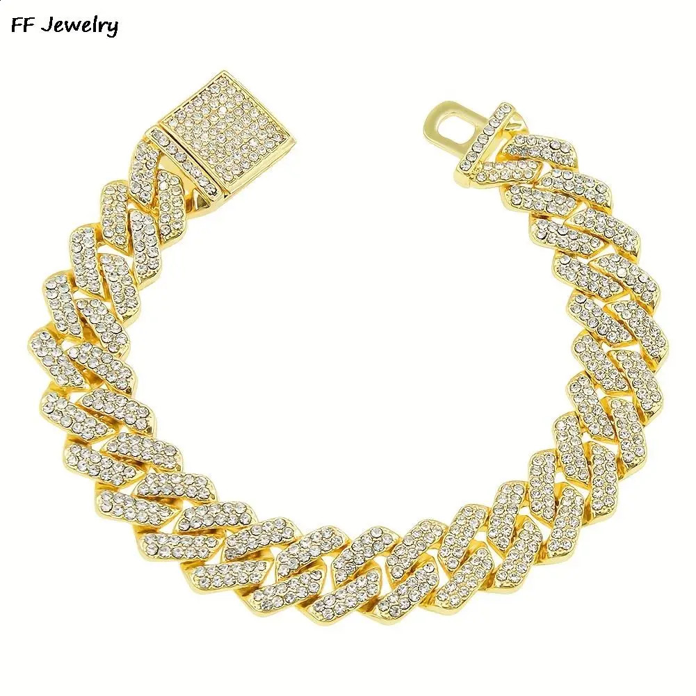 14mm Hip Hop Shiny Cuban Link Chain Bracelets Women Men Gold Color Rhinestone Iced Out Chain Bracelets Punk Wristband Jewelry 240717