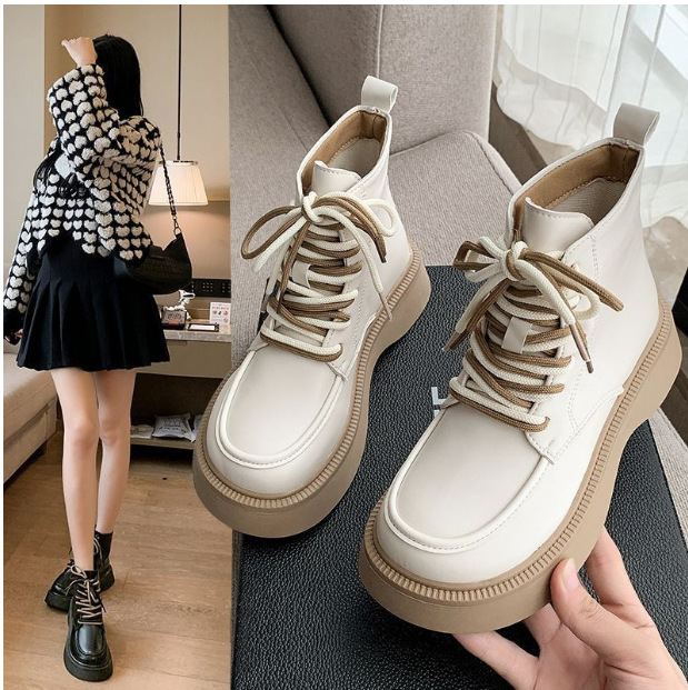 New fashionable retro round toe British style single shoe with thick heel and lace up leather surface Martin boots