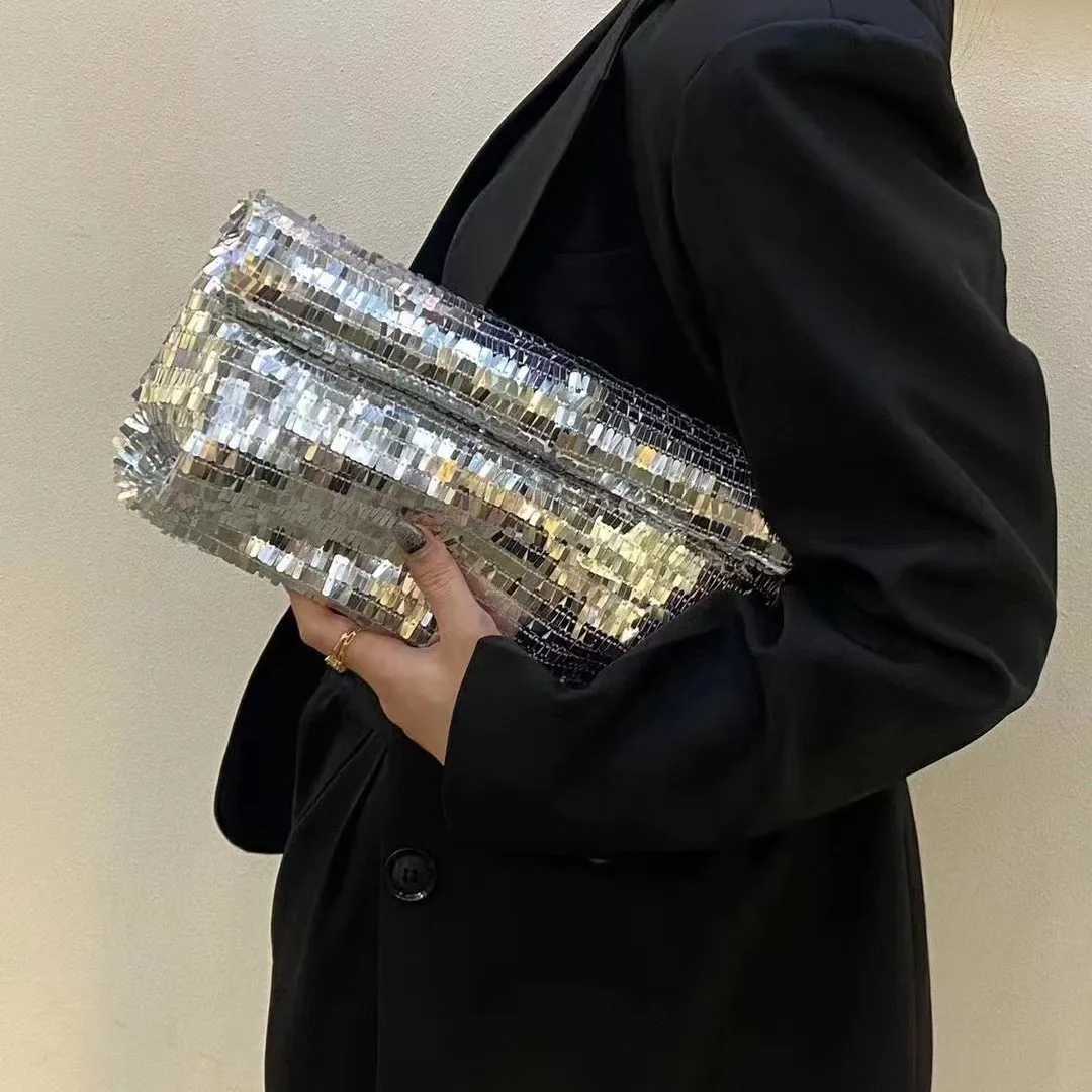 Fashion Shiny women clutch Silver Sequins Trend Party lady evening bags handbag phone Clutches walletXJ240729