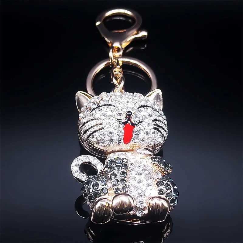 Cartoon Cat Keychain Rhinestone Gold Color Cute Kitty Keyring Holder Creative Gift Fashion Jewelry llaveros para mujerL240729