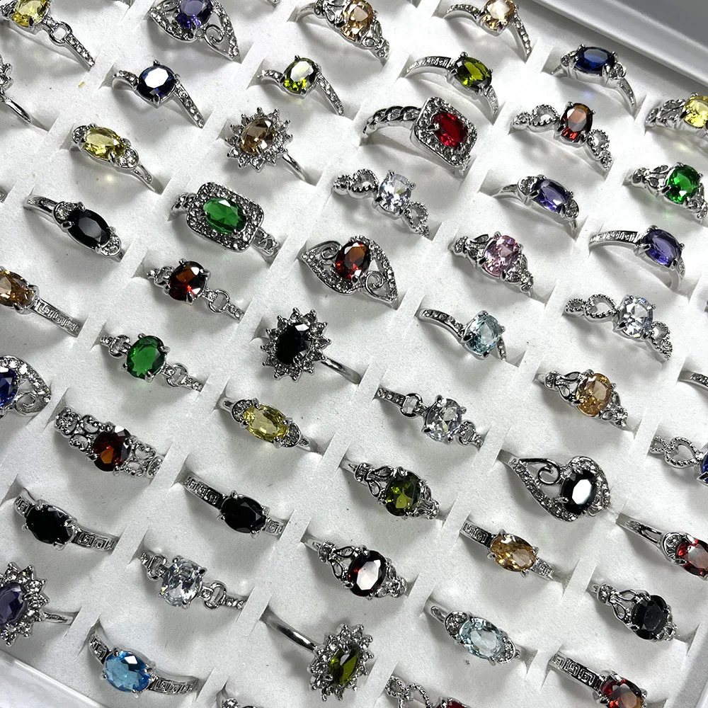 50 fashionable multicolor zircon crystal silver plated rings suitable for womens jewelry bulk batch LR4216 240723
