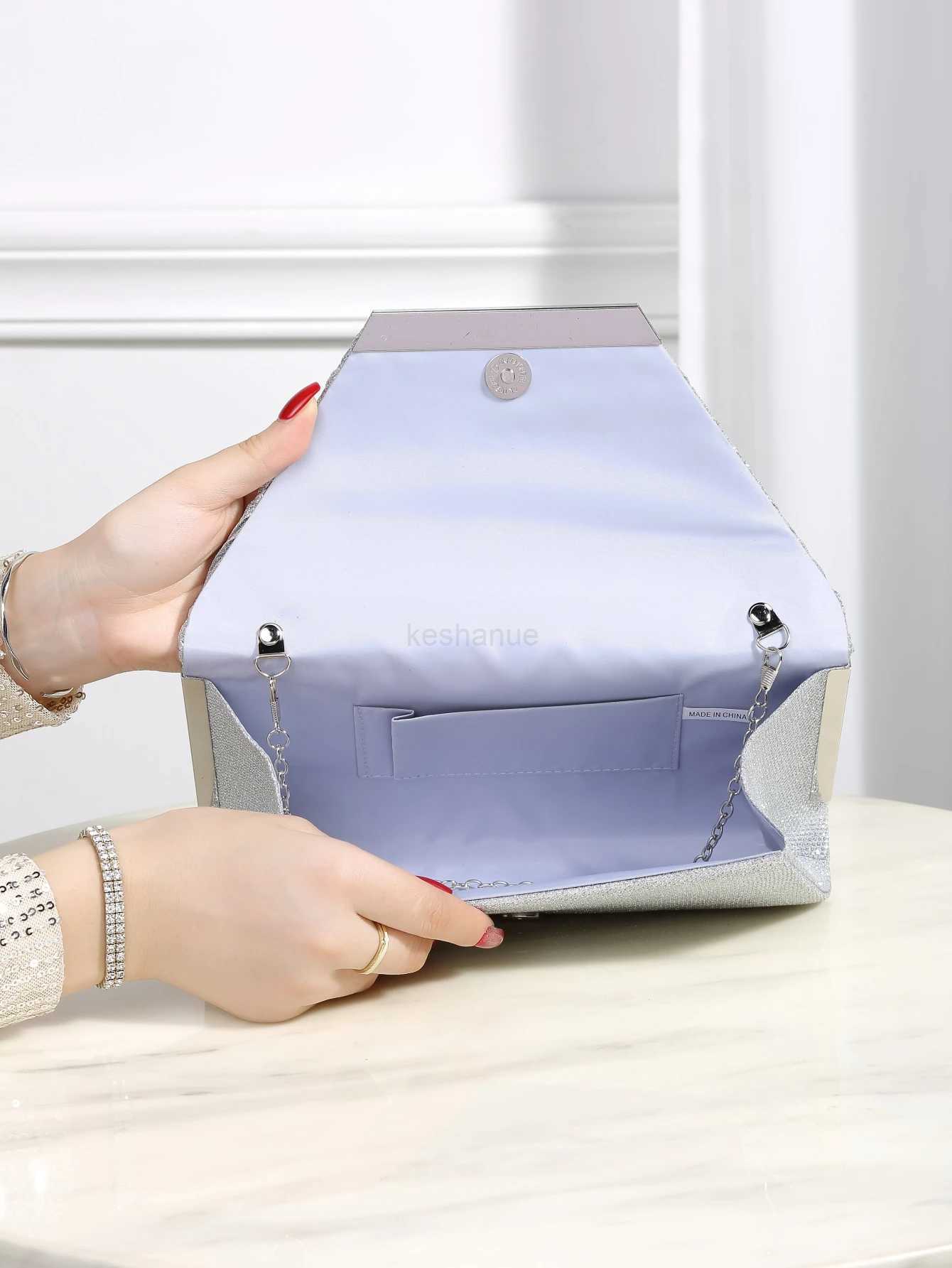 Luxurious shiny metallic patchwork envelope clutch with magnetic snap fastener elegant and stylish evening bagXJ240729