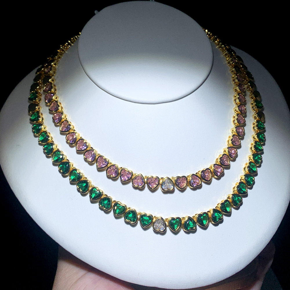 Valentine's Gift Bg Iced Heart Cz Choker Necklace for Women, Gold Color, Green Pink White Cubic Zirconia Tennis Jewelry