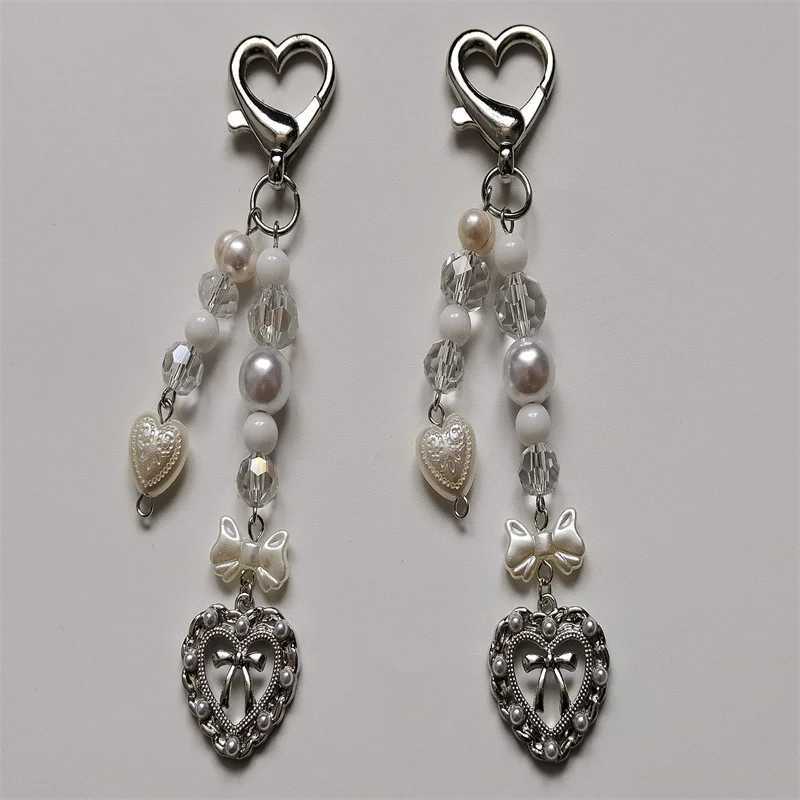 White pearl bow heart keychain handmade love keychain Lace Heart freshwater pearl crystal y2k coquette Aesthetic keychainL240729