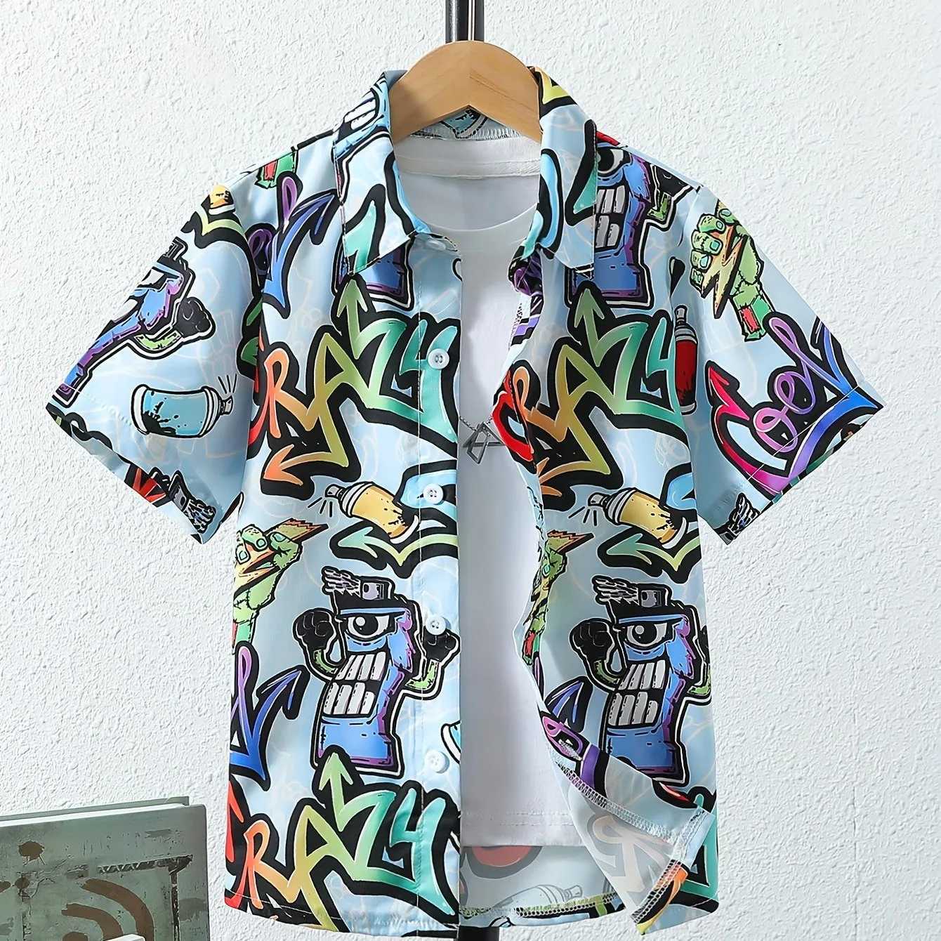 Holiday Printed Childrens Creative Shirt Casual Short Sleeve Collar Breathable Shirt Top Boys Summer Outdoor ShirtW240729