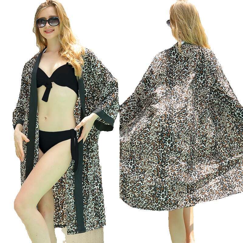 2024 Fashion Womens Leopard Print Swimming Sun Protection Cardigan Cloak Beach Cover Polka Point Chiffon Long Sleeve Dress Bifurcated Short Loose Lace