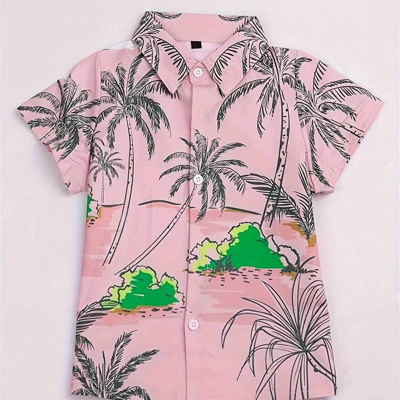 Beach coconut tree print boys creative shirt casual short sleeved lapel childrens shirt top boys summer outdoor clothingW240729