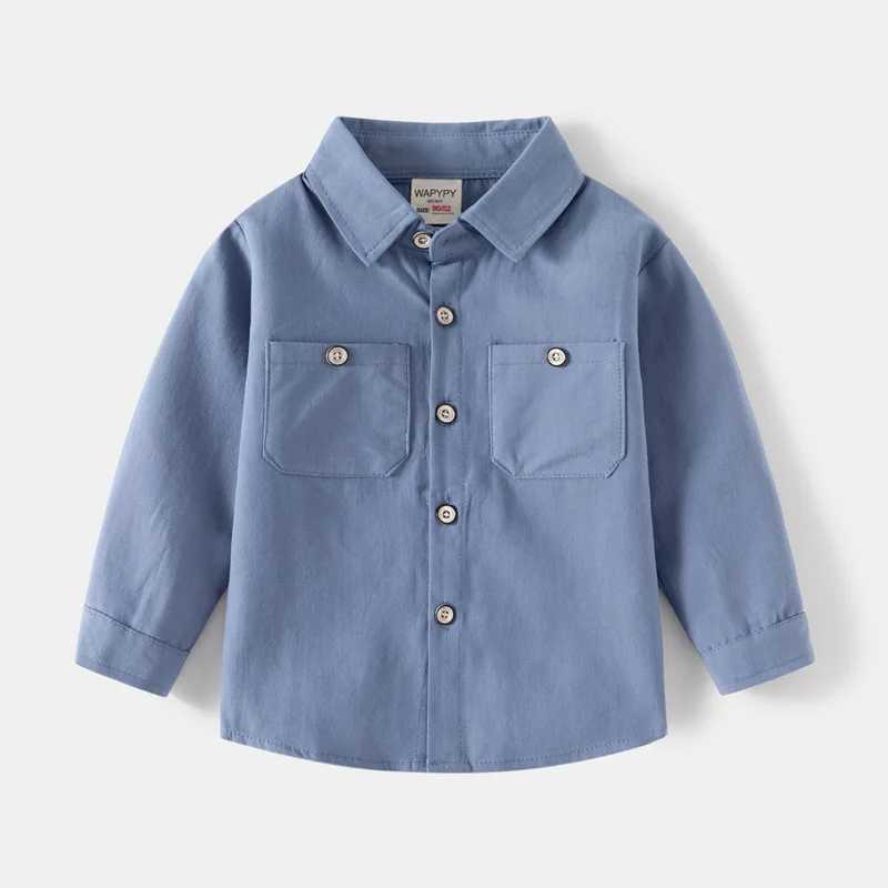 Childrens long sleeved shirt spring and autumn boys double sleeved pocket childrens long sleeved collar solid color pure cotton age 3-8W240729