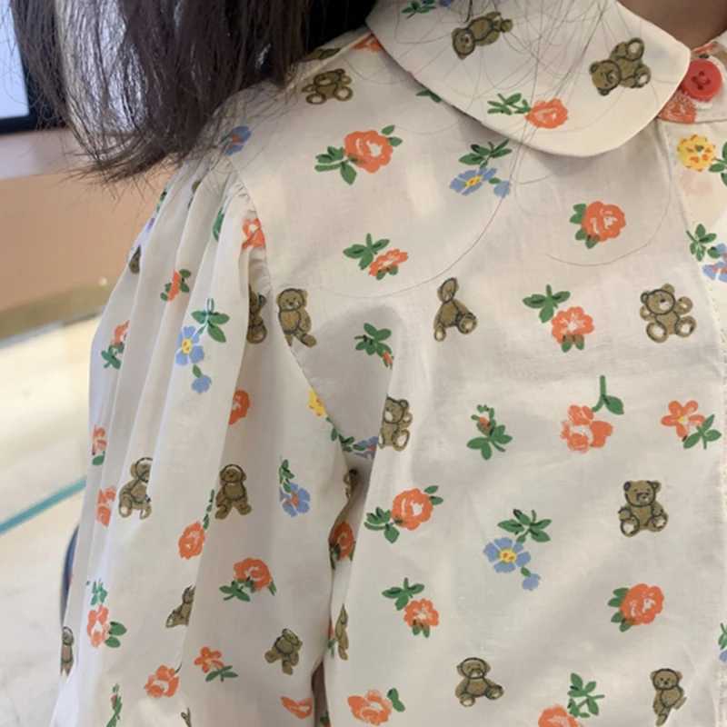Children girls cotton shirts fashion flowers bear prints childrens and toddler tops long sleeved clothing summer and springW240729