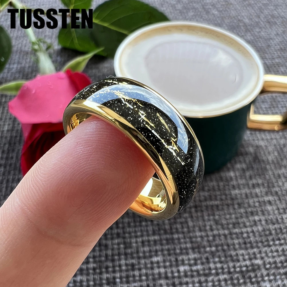 TUSTEN 8mm Tungsten Carbide Ring Black Inlaid Gold Foil Wedding Mens and Womens Jewelry Wholesale 240723