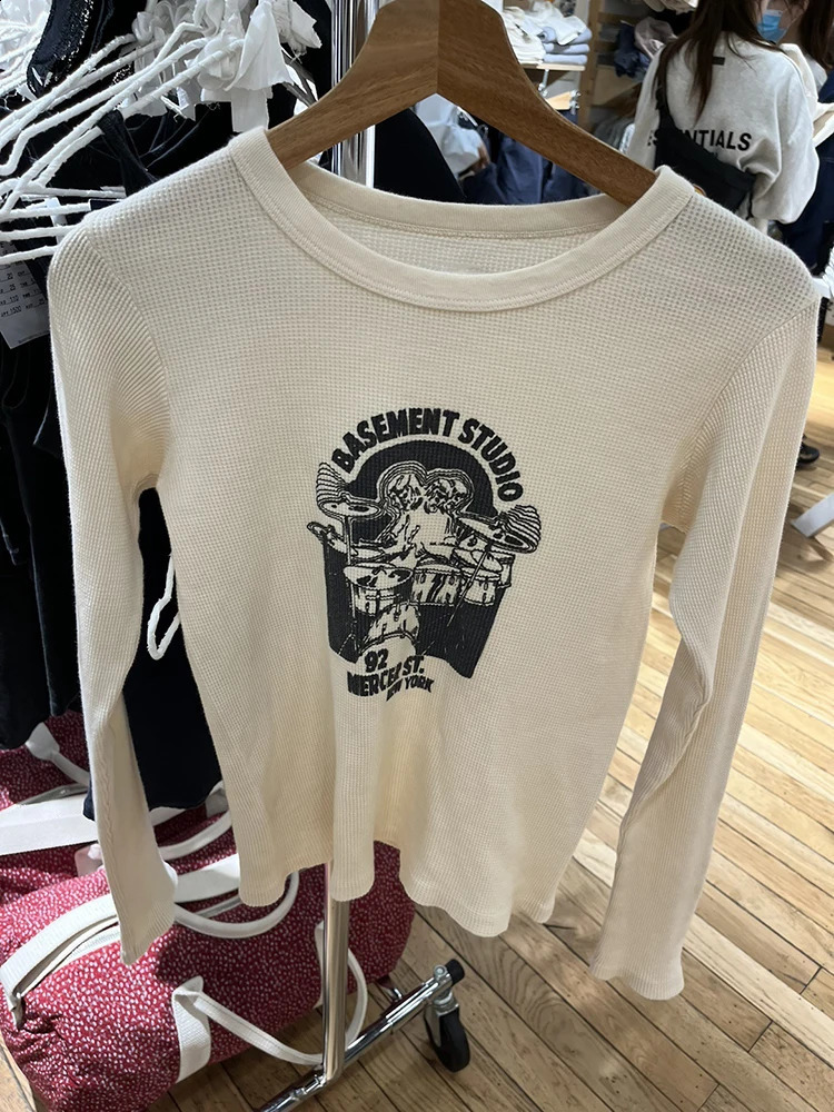 Letter Print Cotton Slim TShirts For Women Autumn Streetwear Waffle Long Sleeve Y2k Tops Casual Vintage Graphic T Shirt Female 240729