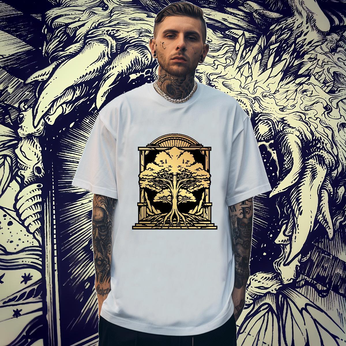 Comfortable Men Clothes T-Shirt 230g Cotton Casual Daily Wear tree Cartoon Print O-Neck Short Sleeve Fashion T shirt Polos