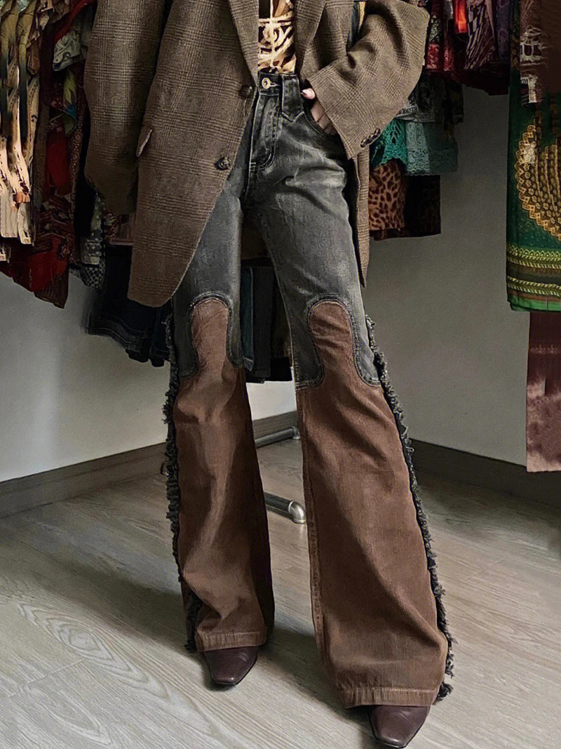 ReddaChic Wastelan Hipster Flared Jeans Women Trend Patchwork Wide Pants with Side Tassels High Rise Vintage Autumn Clothes 240729