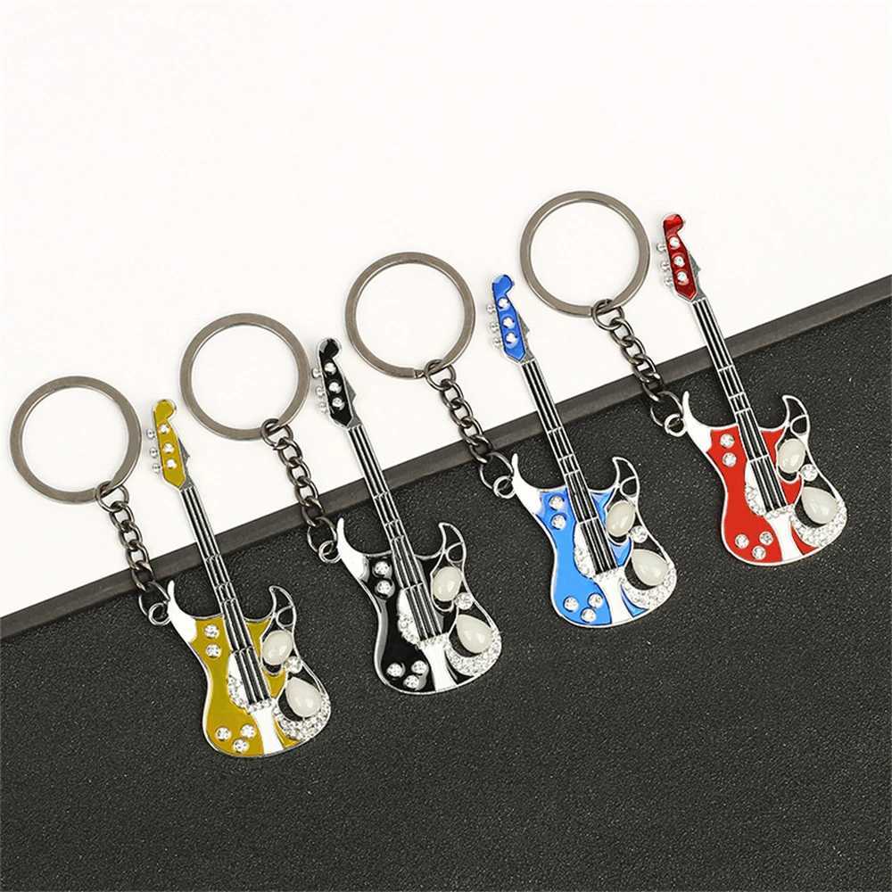 Creative Mini Musical Instruments Guitar Keychain Multi-Color Rhinestone Keyring Women Men Car Handbag Phone Case Pendent GiftL240729