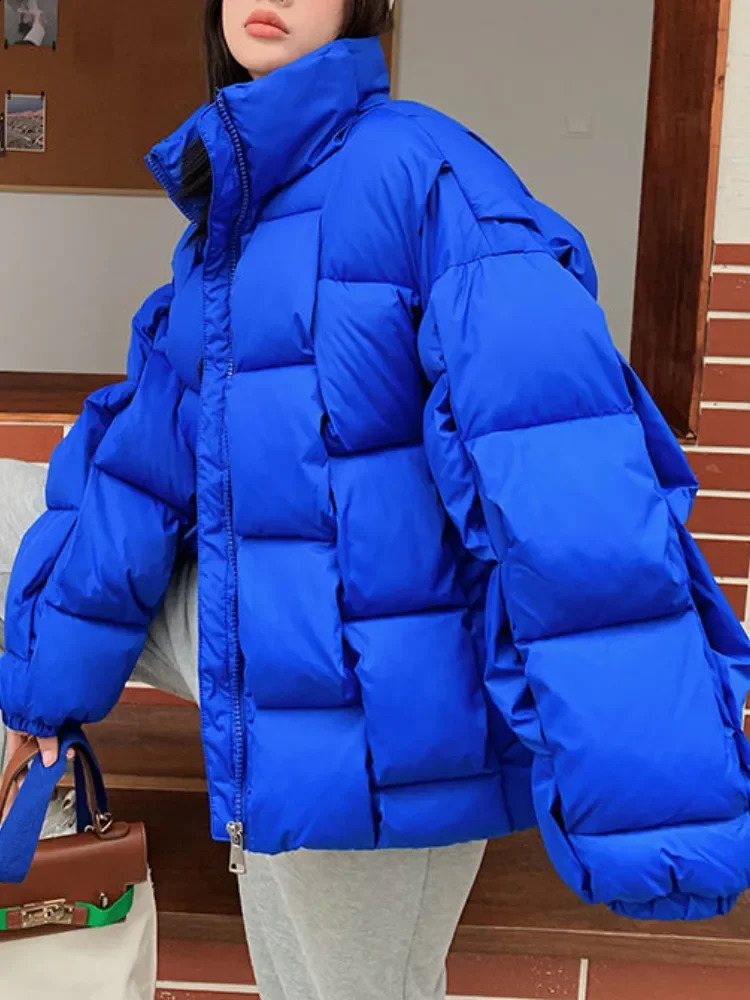 Winter Jacket for Women Three-dimensional Plaid Woven Fashion Coat Solid High Street Warm and Thick Winter Down Jacket 240729