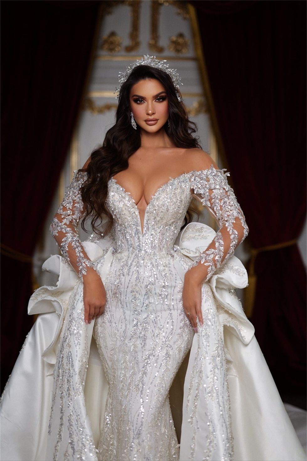 Sequined Mermaid Wedding Dress Deep V Neck Bridal Gown Custom Made Full Sleeve Shiny Vestido De Novia