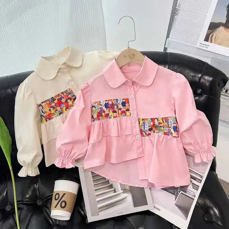 Childrens Girl Baby Shirt 2023 New Childrens Spring and Autumn Clothing Splicing Long Sleeve Jacket Autumn Casual ShirtW240729