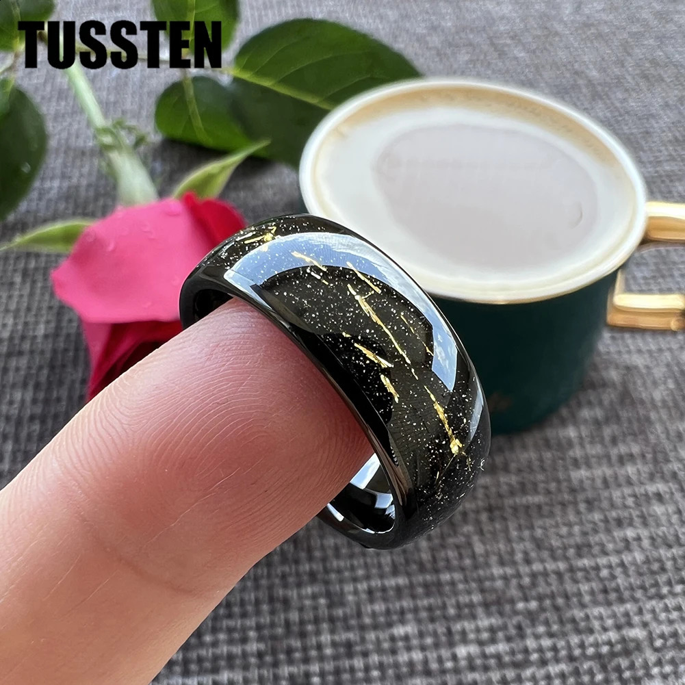 TUSTEN 8mm Tungsten Carbide Ring Black Inlaid Gold Foil Wedding Mens and Womens Jewelry Wholesale 240723