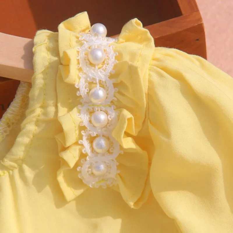 2022 Summer Baby Preschool Teenage Girl Shirt Ruffle Pearl Girl Top Childrens Shirt Childrens Clothing 3 4 6 8 10 12 14 Years OldW240729