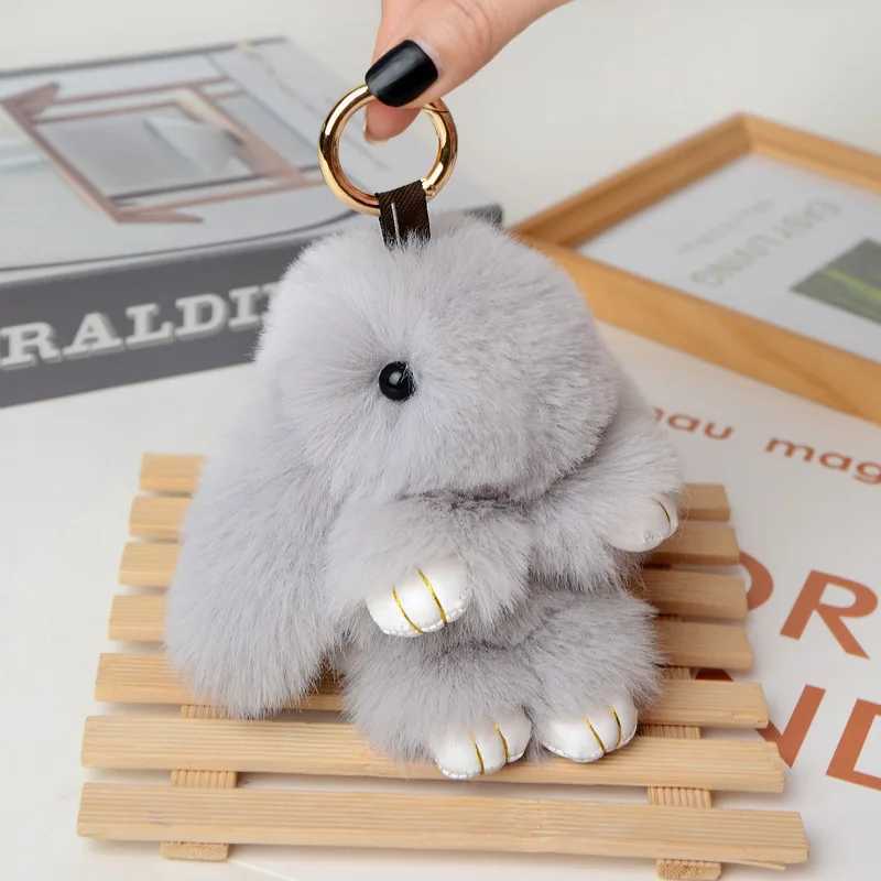 2023 Multicolor Rabbit Keychain Ring Fluffy Real Fur Pompon Bunny Trinket Key Chain Charm Cute Ring On Bag Car Key PendantL240729