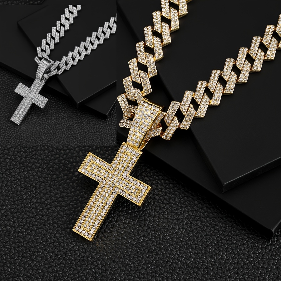 Minimally understated filled gold necklace with full cross and wide clasp dia Cuban chain